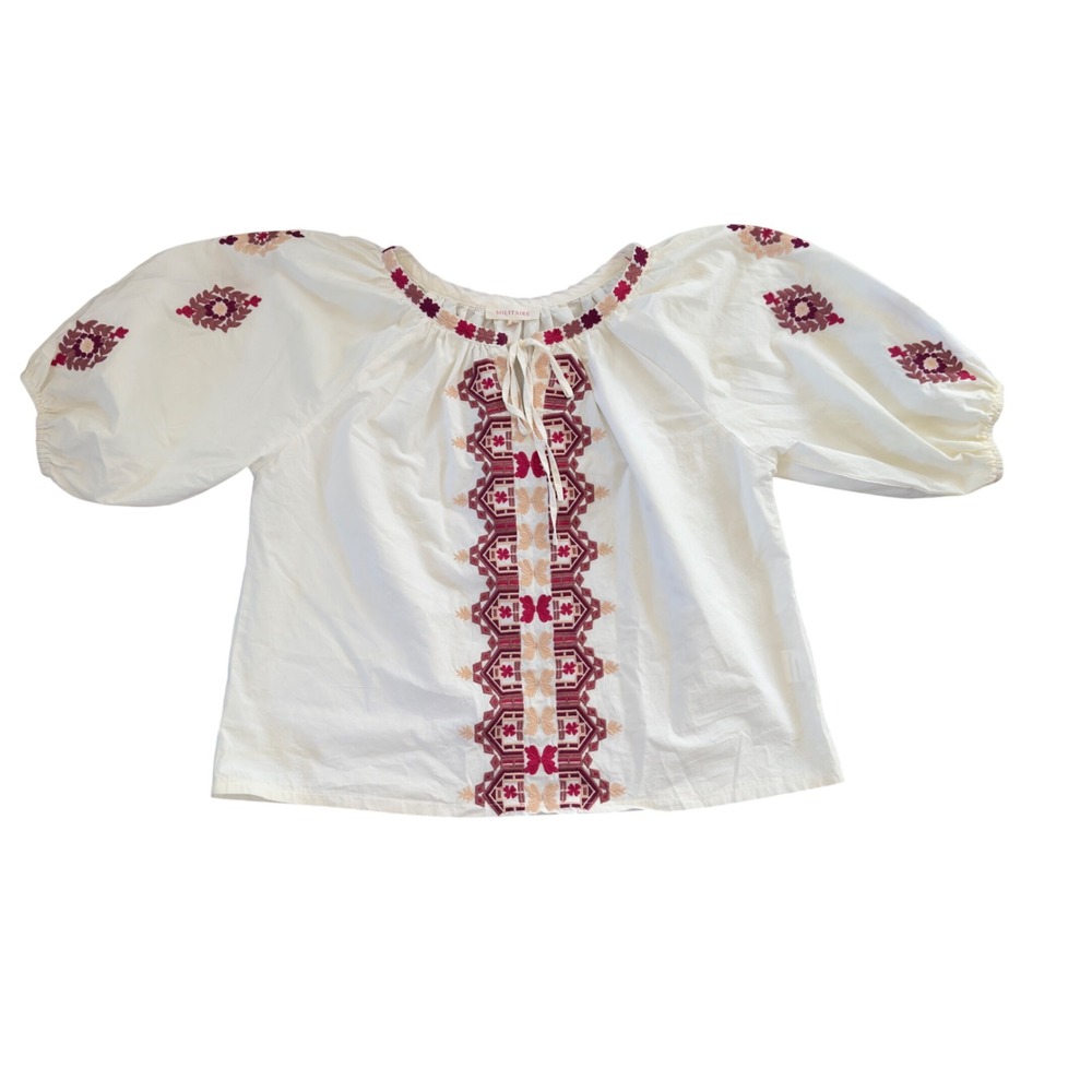 Solitaire Womens‎ Embroidered Peasant Blouse Top Festival Boho Puff Sleeve Sz XL